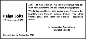 Traueranzeige von Helga Loitz von Holsteinischer Courier