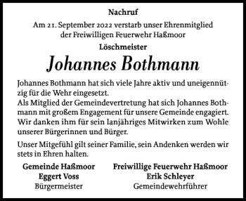 Traueranzeige von Johannes Bothmann von Landeszeitung