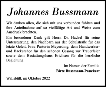 Traueranzeige von Johannes Bussmann von Flensburger Tageblatt
