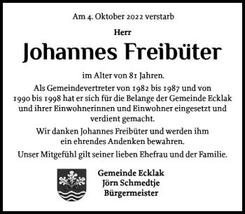 Traueranzeige von Johannes Freibüter von Norddeutsche Rundschau