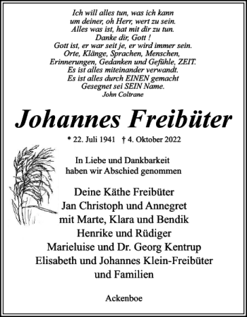 Traueranzeige von Johannes Freibüter von Norddeutsche Rundschau