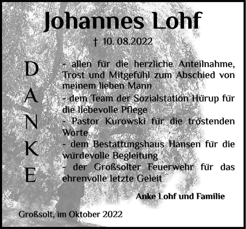  Traueranzeige für Johannes Lohf vom 08.10.2022 aus Flensburger Tageblatt