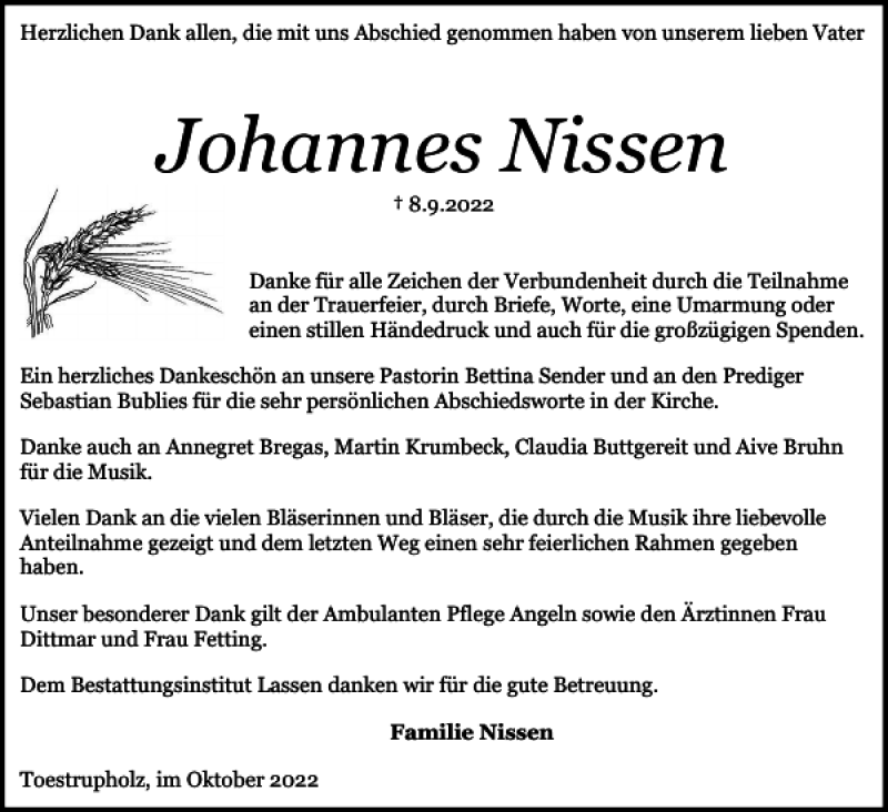  Traueranzeige für Johannes Nissen vom 29.10.2022 aus Flensburger Tageblatt