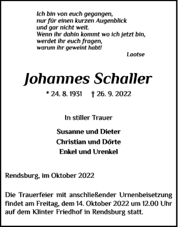 Traueranzeige von Johannes Schaller von Landeszeitung