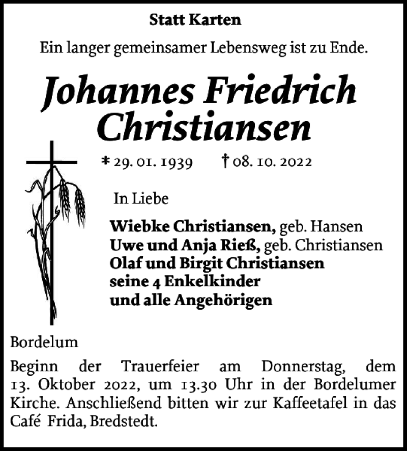  Traueranzeige für Johannes Friedrich Christiansen vom 11.10.2022 aus Husumer Nachrichten