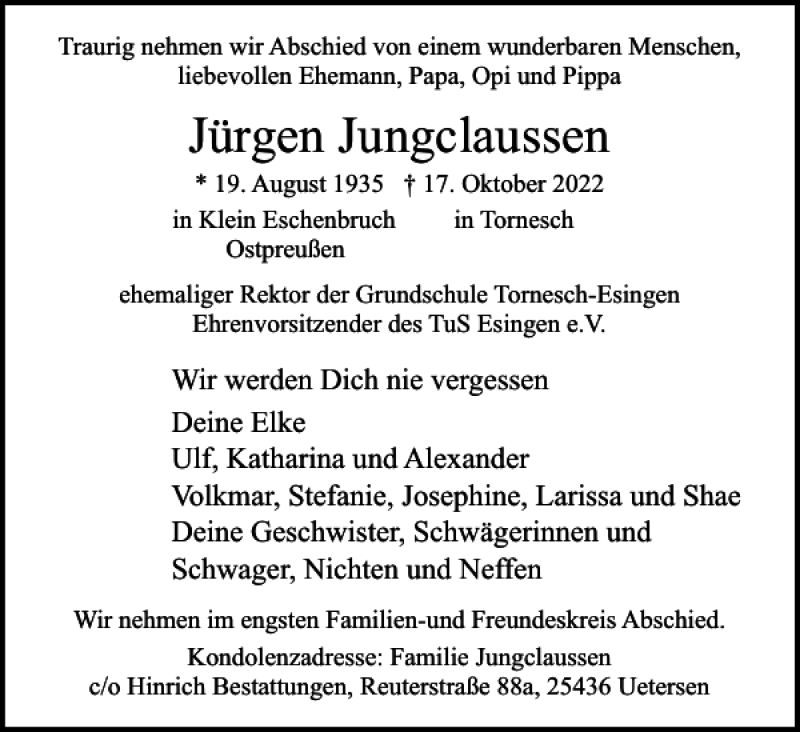  Traueranzeige für Jürgen Jungclaussen vom 22.10.2022 aus Uetersener Nachrichten