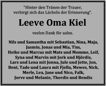 Traueranzeige von Leeve Oma Kiel von Flensburger Tageblatt