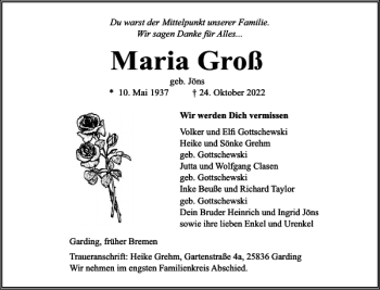 Traueranzeige von Maria Groß von Husumer Nachrichten