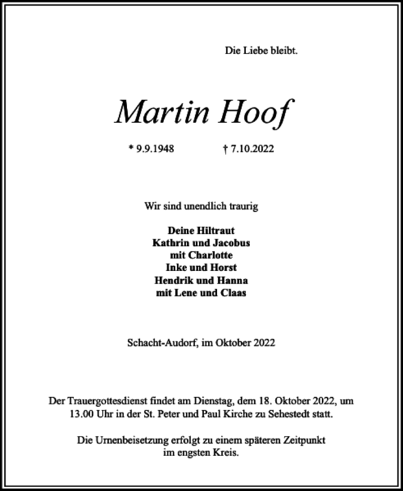  Traueranzeige für Martin Hoof vom 15.10.2022 aus Landeszeitung