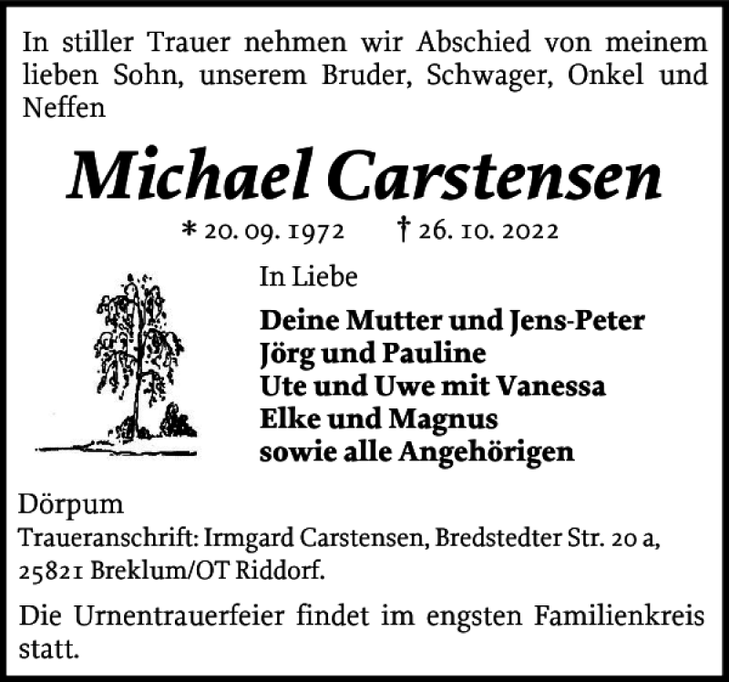  Traueranzeige für Michael Carstensen vom 29.10.2022 aus Husumer Nachrichten