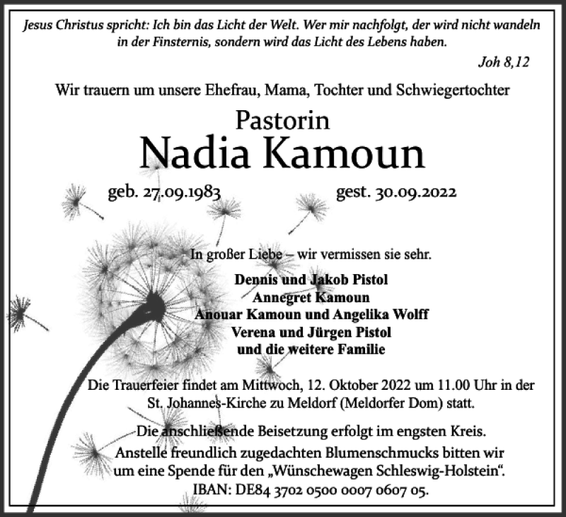  Traueranzeige für Nadia Kamoun vom 08.10.2022 aus Husumer Nachrichten