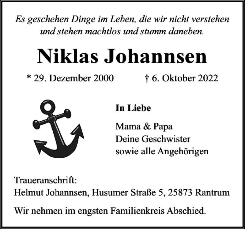  Traueranzeige für Niklas Johannsen vom 12.10.2022 aus Husumer Nachrichten