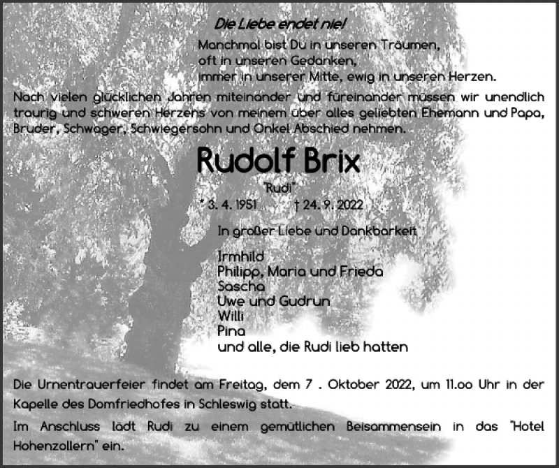  Traueranzeige für Rudolf Brix vom 01.10.2022 aus Schleswiger Nachrichten