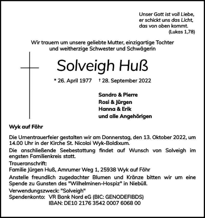  Traueranzeige für Solveigh Huß vom 04.10.2022 aus Der Insel-Bote