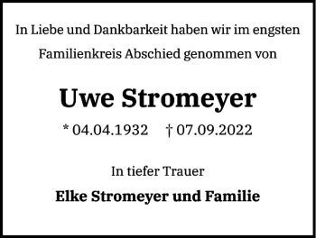 Traueranzeige von Uwe Stromeyer von Flensburger Tageblatt