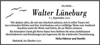 Traueranzeige von Walter Lüneburg von Husumer Nachrichten