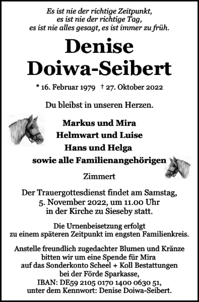  Traueranzeige für Denise Doiwa-Seibert vom 01.11.2022 aus Eckernförder Zeitung