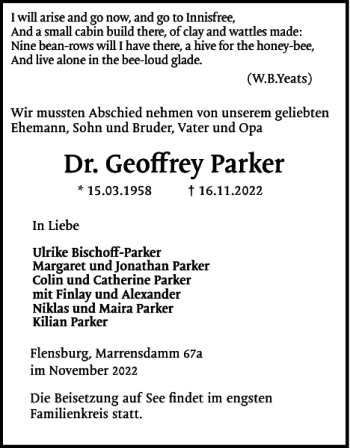 Traueranzeige von Dr. Geoffrey Parker von Flensburger Tageblatt