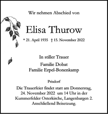 Traueranzeige von Elisa Thurow von Pinneberger Tageblatt