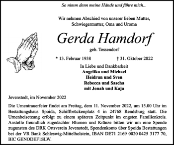 Traueranzeige von Gerda Hamdorf von Landeszeitung