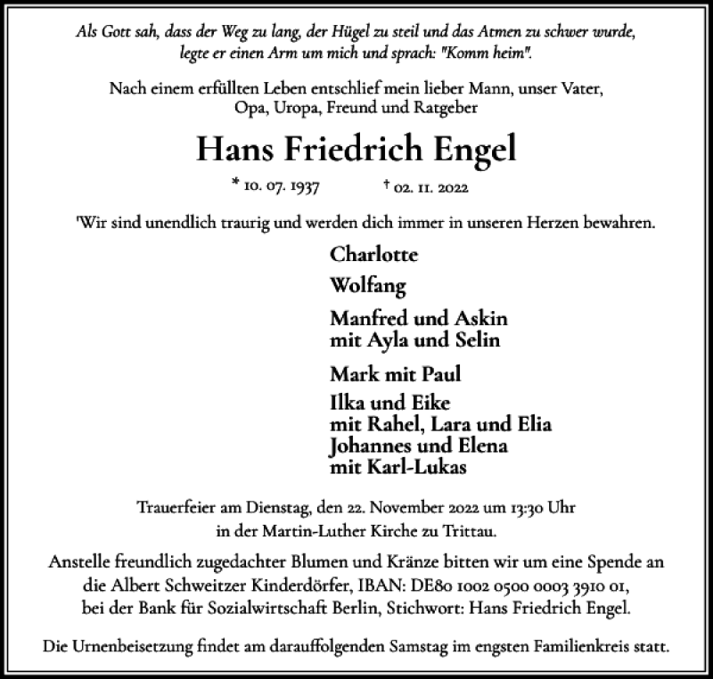  Traueranzeige für Hans Friedrich Engel vom 12.11.2022 aus Norddeutsche Rundschau