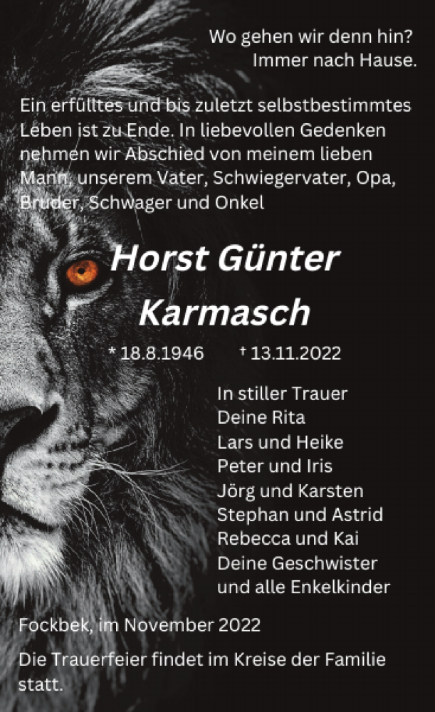  Traueranzeige für Horst Günter Karmasch vom 19.11.2022 aus Landeszeitung