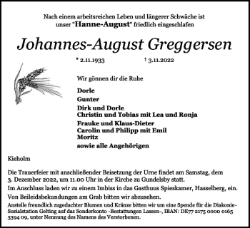 Traueranzeige von Johannes-August Greggersen von Flensburger Tageblatt