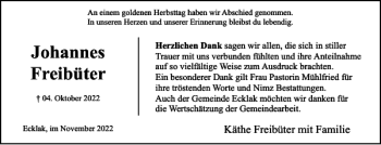 Traueranzeige von Johannes Freibüter von Norddeutsche Rundschau