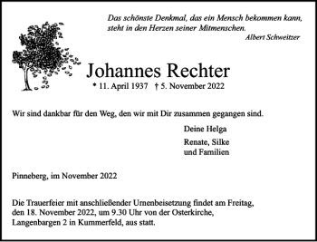Traueranzeige von Johannes Rechter von Pinneberger Tageblatt