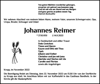 Traueranzeige von Johannes Reimer von Landeszeitung