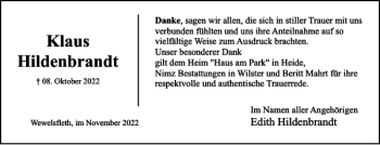Traueranzeige von Klaus Hildenbrandt von Norddeutsche Rundschau