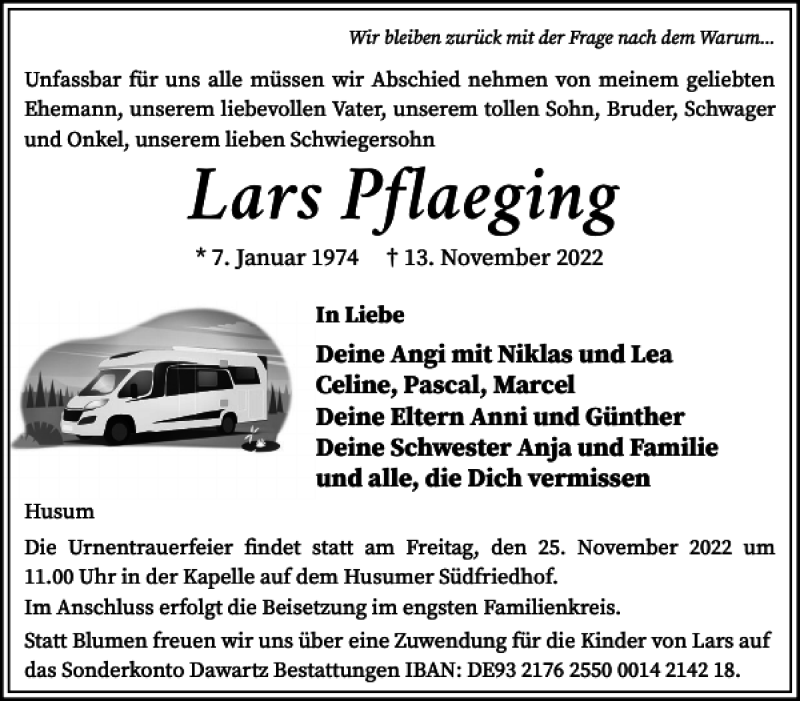  Traueranzeige für Lars Pflaeging vom 19.11.2022 aus Husumer Nachrichten