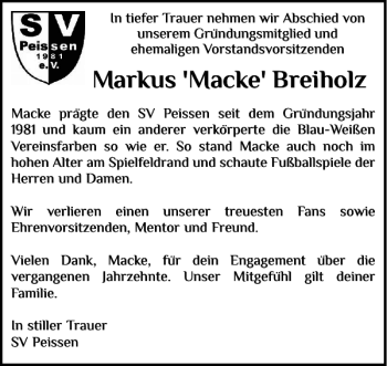 Traueranzeige von Markus 'Macke' Breiholz von Norddeutsche Rundschau