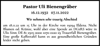 Traueranzeige von Pastor Uli Bienengräber von Flensburger Tageblatt