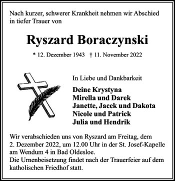 Traueranzeige von Ryszard Boraczynski von Stormarner Tageblatt