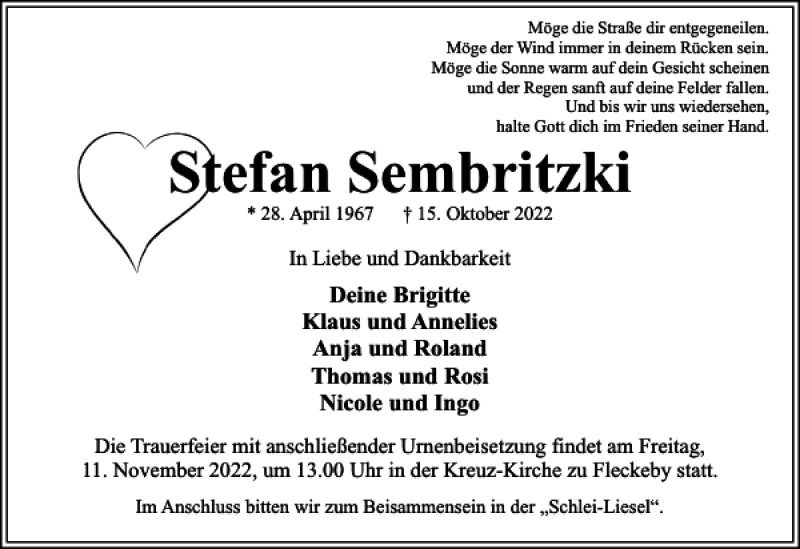  Traueranzeige für Stefan Sembritzki vom 05.11.2022 aus Eckernförder Zeitung