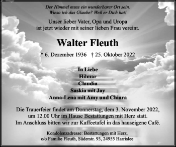 Traueranzeige von Walter Fleuth von Flensburger Tageblatt