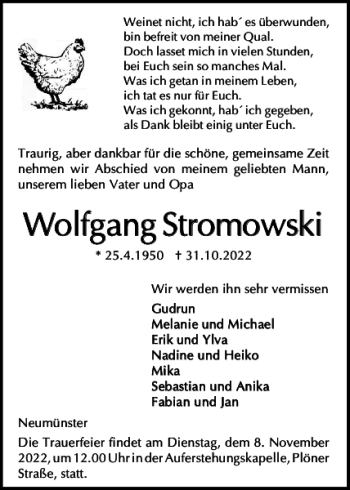 Traueranzeige von Wolfgang Stromowski von Holsteinischer Courier