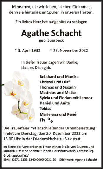 Traueranzeige von Agathe Schacht von Stormarner Tageblatt