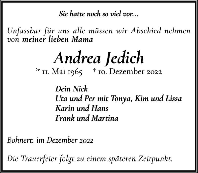  Traueranzeige für Andrea Jedich vom 17.12.2022 aus Eckernförder Zeitung