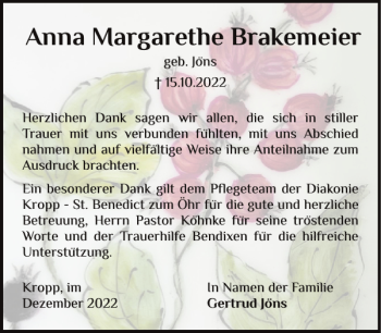 Traueranzeige von Anna Margarethe Brakemeier von Schleswiger Nachrichten