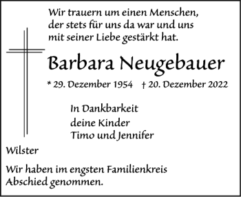 Traueranzeige von Barbara Neugebauer von Norddeutsche Rundschau