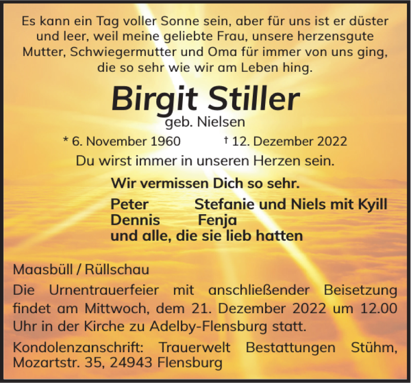  Traueranzeige für Birgit Stiller vom 17.12.2022 aus Flensburger Tageblatt