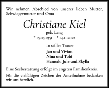 Traueranzeige von Christiane Kiel von Husumer Nachrichten