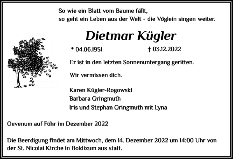  Traueranzeige für Dietmar Kügler vom 10.12.2022 aus Der Insel-Bote