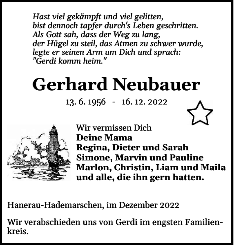  Traueranzeige für Gerhard Neubauer vom 24.12.2022 aus Landeszeitung