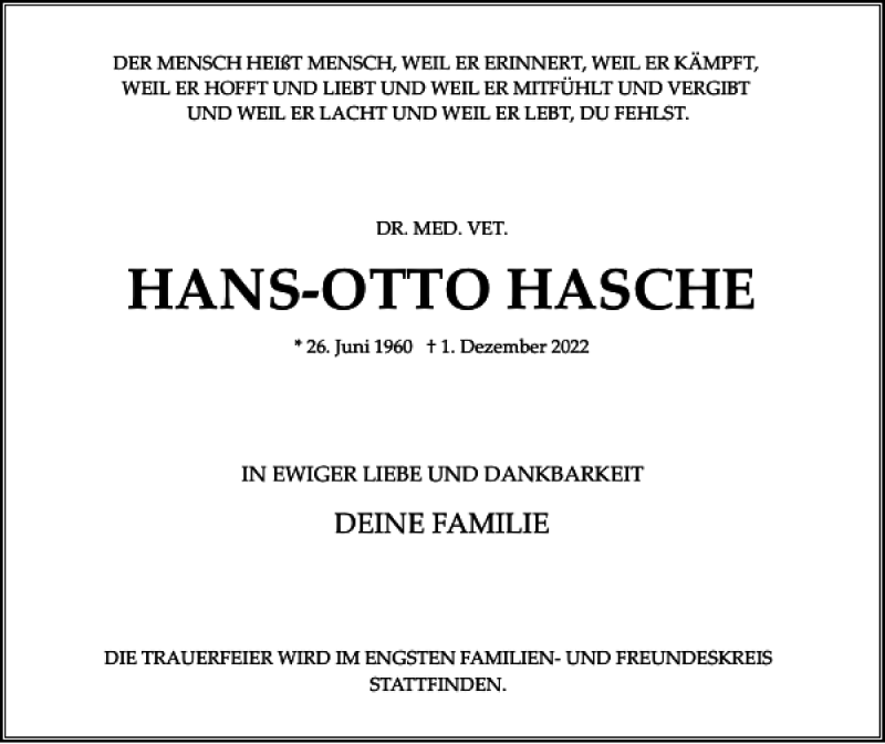  Traueranzeige für HANS-OTTO HASCHE vom 10.12.2022 aus Norddeutsche Rundschau