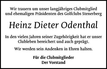 Traueranzeige von Heinz Dieter Odenthal von Schlei-Bote