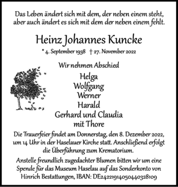 Traueranzeige von Heinz Johannes Kuncke von Uetersener Nachrichten