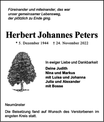 Traueranzeige von Herbert Johannes Peters von Holsteinischer Courier